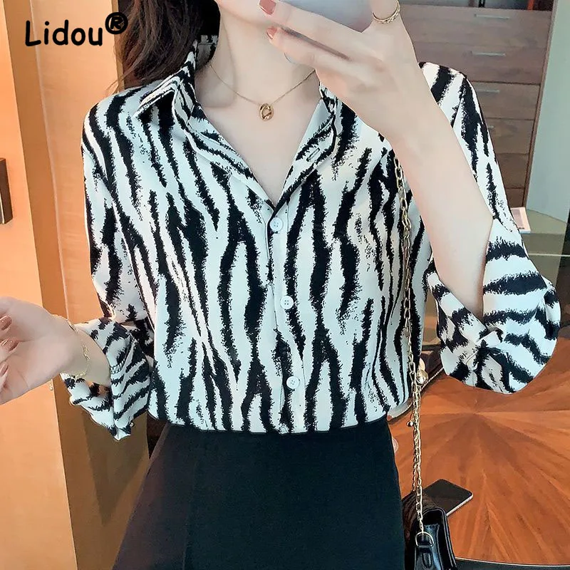 2023 Autumn Women\'s New Fashion Chiffon Versatile Top Polo Collar Zebra Long Sleeve Casual Comfortable Versatile Shirt