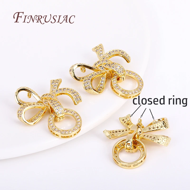 18K Gold Plated Inlaid Zircon 3 rings Bowknot Butterfly Pearl Clasps Fastener, DIY Pearl Jewelry Decoration Connector Clasps