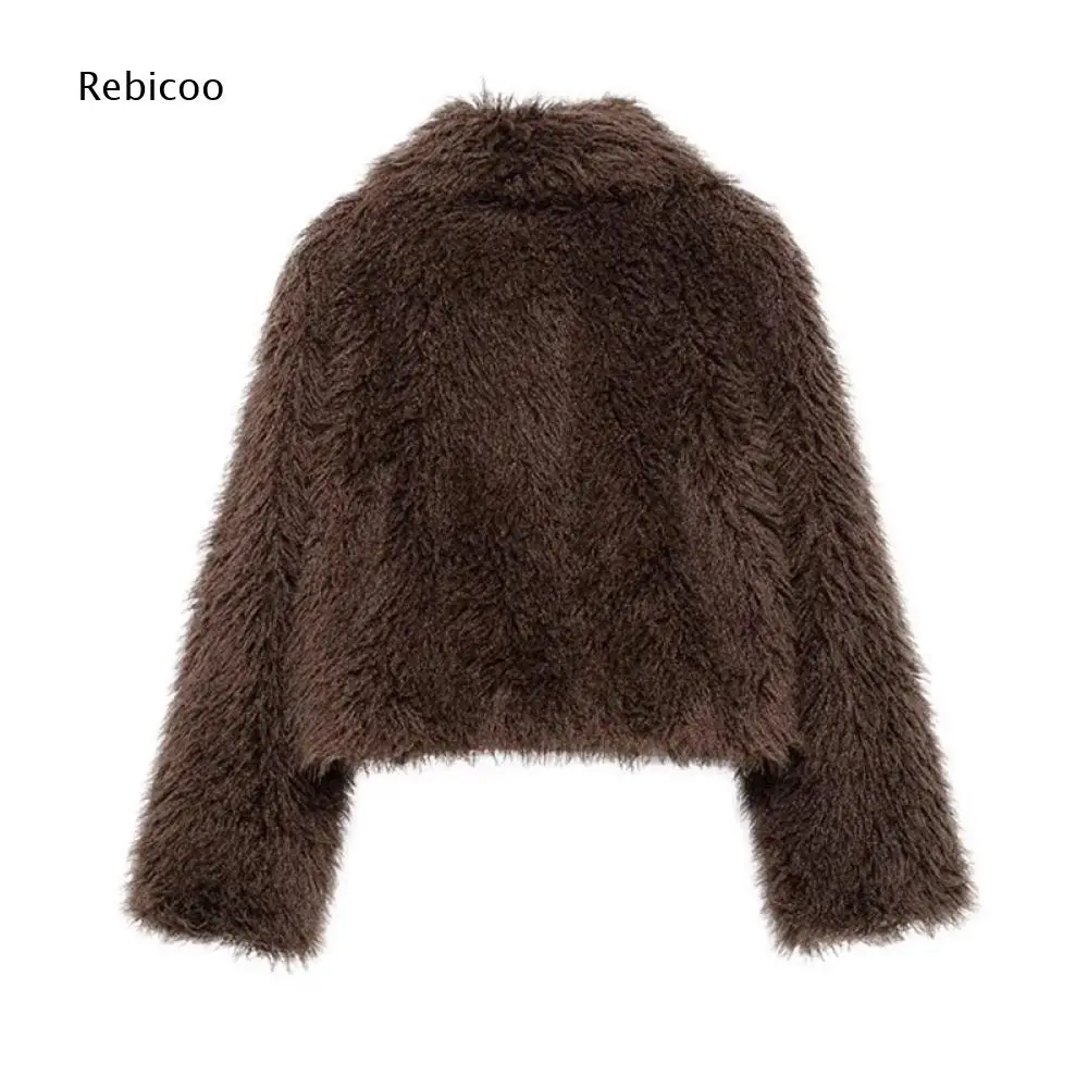 Womens Faux Fur Short Outerwear Wide Lapel Collar Long Sleeve Open Style Side Pockets Loose Outer Top For Autumn And Winters