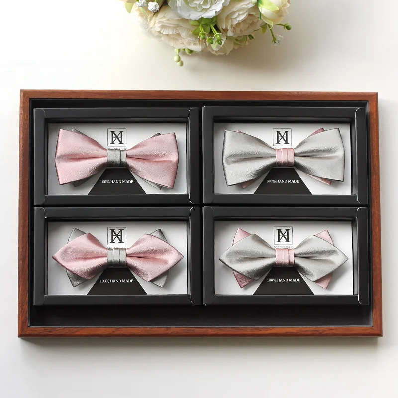 

Pink bow tie wedding male groom best man gray color matching bow high-end satin bow tie