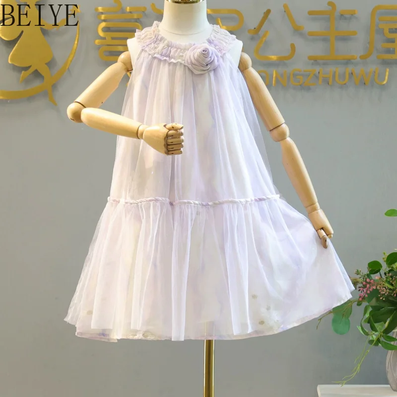 Summer Girls Halter Tulle Dress Purple Sleeveless Princess Fairy Dress Kids Ruffle Neck Tiered Party Sundress with Flower