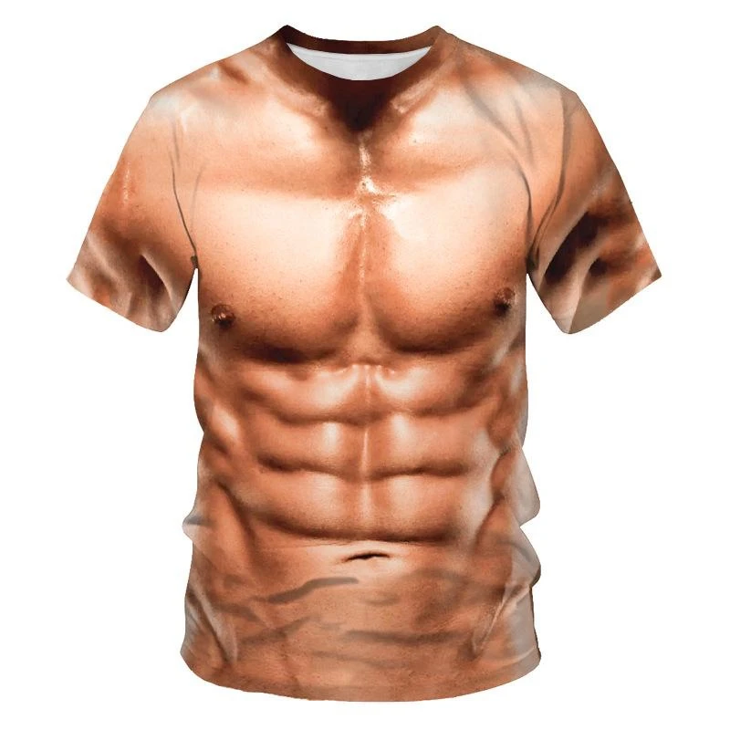 Men\'s 3D Muscle Printed Short Sleeve Shirt Novelty Simulation Body Shirts Muscular Tough Guy T-Shirt Toned Body Tops