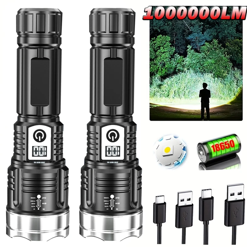 10000LM Powerful LED Flashlight Built-in Battery USB Rechargeable Zoom Torch With Power Display Outdoor Tactical Flashlights