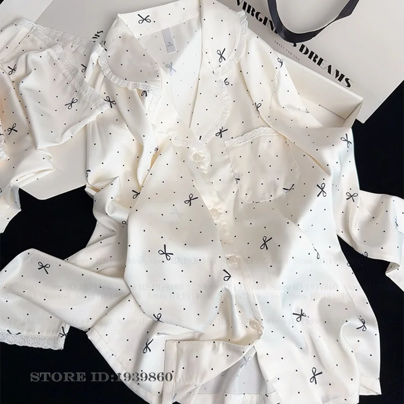 

Комплект пижамы из двух предметов для девочек: ночная сорочка и брюки, с принтом в горошек, кружевной отделкой и бантом, из ледяного шелка, свободного кроя, для дома