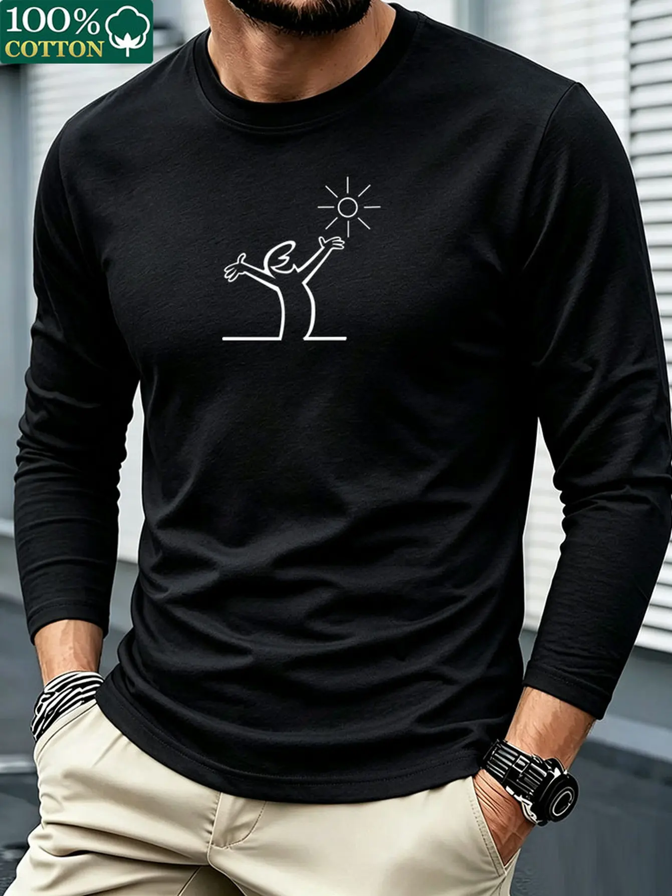 Men 100% Cotton Long Sleeve T Shirt Crew Neck Casual Comfort Versatile Basic Top Outdoor Leisure Spring Autumn Clothes view 4