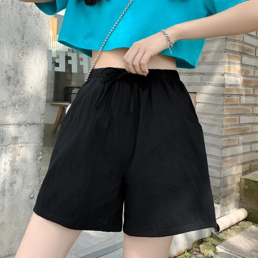 Breathable High Waist Cotton Linen Shorts a-Line Loose Women Shorts Wide Leg Workout Shorts Summer