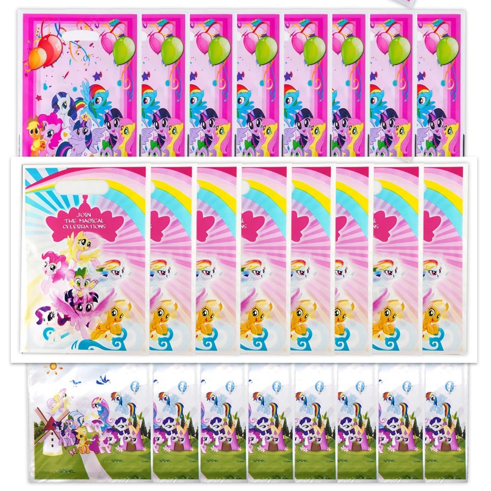 10pcs/lot Pony Unicorn Theme Birthday Party Kids Favors Candy Portable Gift Bags Disposable Plastic Surprise Bags Gift Loot Bag