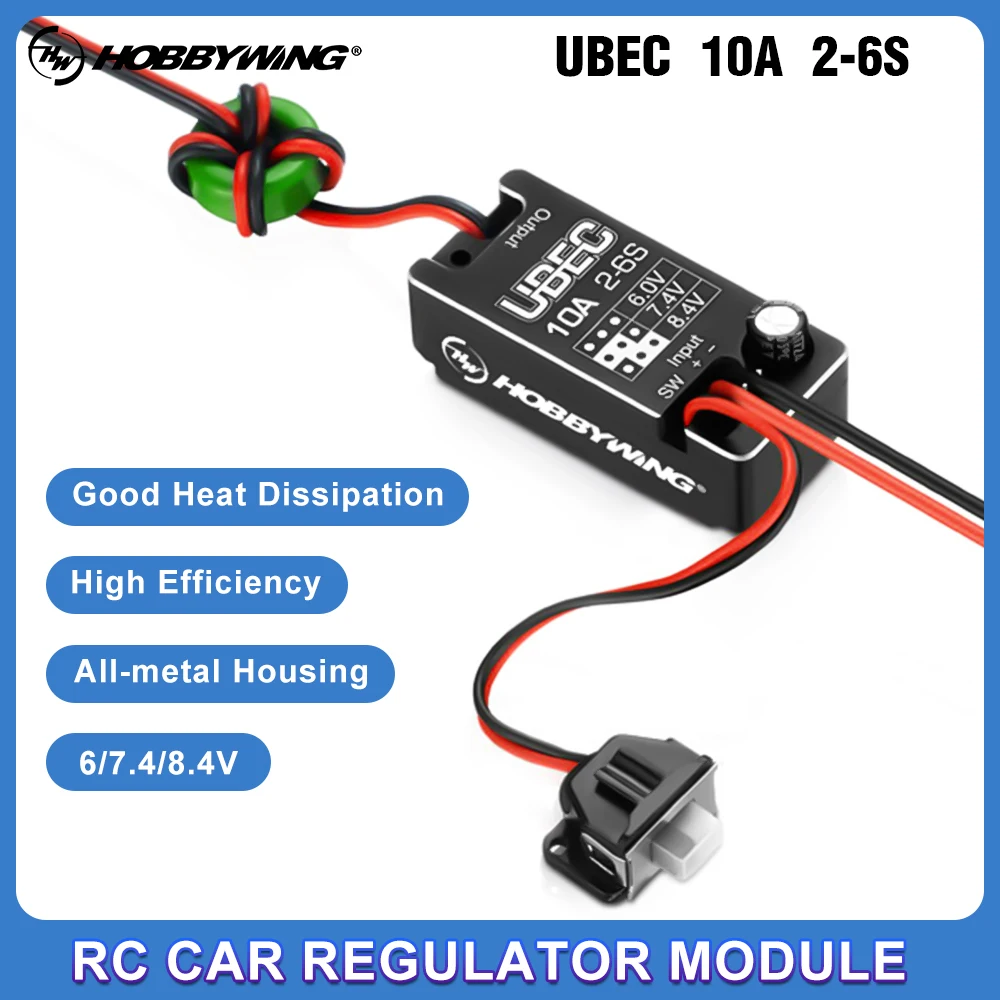 

Hobbywing UBEC 10A Car Regulator Module IP67 2-6S 6/7.4/8.4V DC-DC Regulator Chip All-Metal Housing For RC Crawlers Truck RC Car