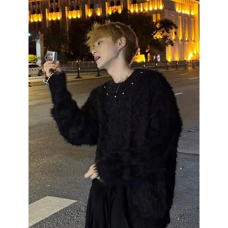 

Мужской свитер Bla Camere с бисером, большой размер 250, американский Sle, ленивая вязаная верхняя одежда, осень-зима, повседневная круглая одежда Ne