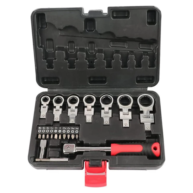 20 Pcs Flex Head Ratchet Wrench Set, 8mm-19mm Changeable Torx Head Wrench Ratchet Screwdriver Multi Tool Set with Case