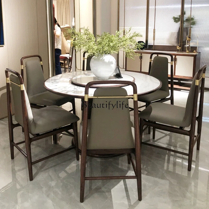

New Chinese light luxury 1.35m round dining table and chair combination ebony Nordic round