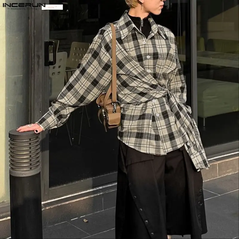 INCERUN Mannen Onregelmatige Shirts Plaid Revers Lange Mouw Lace Up Mannen Kleding Streetwear 2025, Koreaanse Stijl Losse Casual Mannelijke Shirts