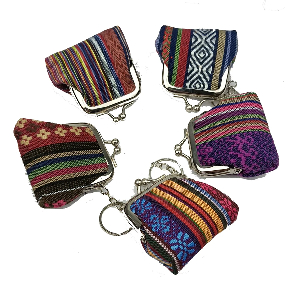 12pcs Short Coin Purse Retro Women Canvas National Embroidery Hasp  Clutch Bag Mix Color 2inch