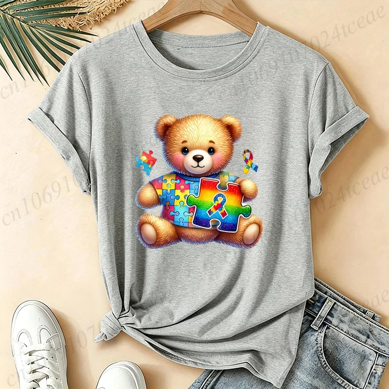 Unisex Autism Awareness Cute Teddy Bear Print T Shirt Women Men Autism Acceptance Rainbow Graphic T-Shirts Short Sleeve Tops