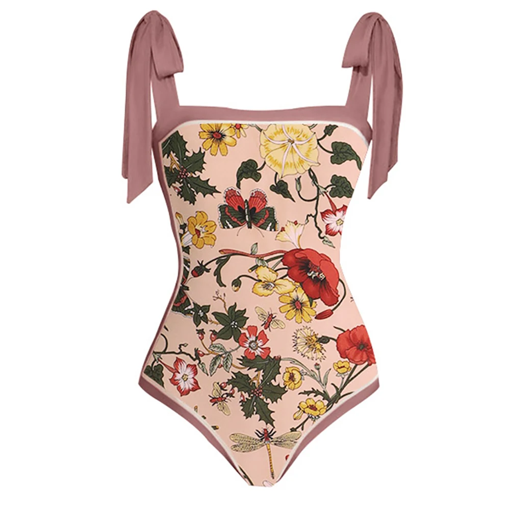 Lotus Pink Print Sling Swimsuit High Waist Slim Retro Square Neck Bikini Sexy One Piece Swimsuit and Beach Skirt Fashion 2023