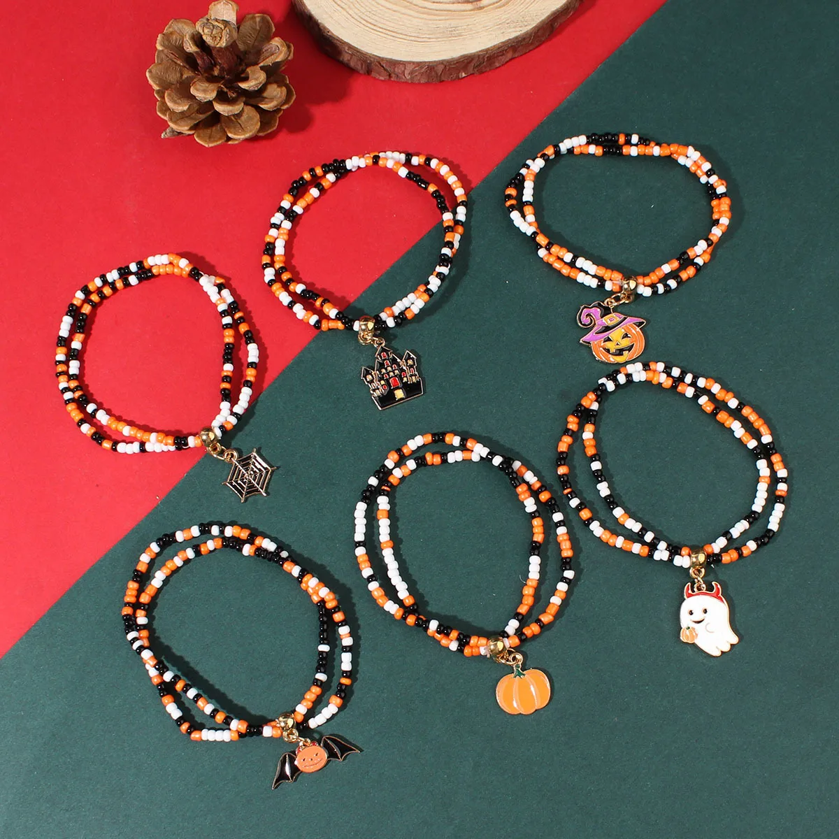 Halloween Reis Perlen Armband Kürbis Fledermaus Geist Dunkles Design Armband 1/6 Set Urlaub Party Damen Schmuck Zubehör
