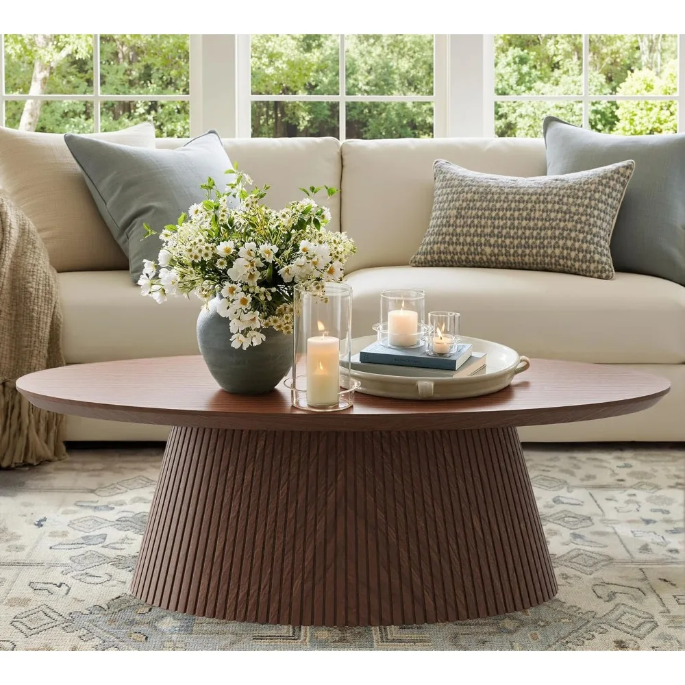 

Oval Coffee Table, Mid Century Modern Coffee Table with Fluted Design, Small Funky Tea Table with Wood Grain Veneer, Min