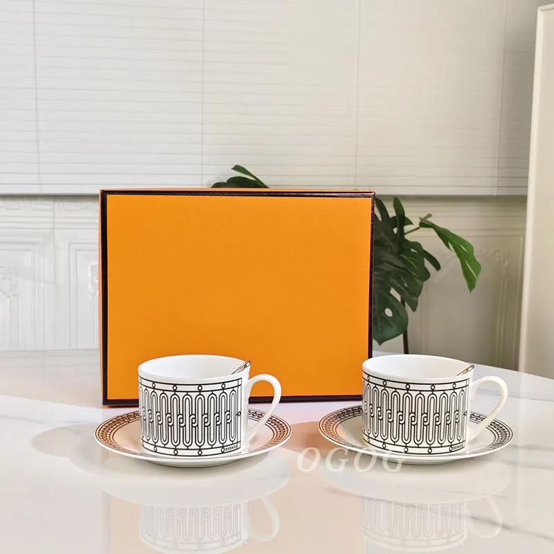 

Black Line Bone China Coffee Cup Saucer Set with Spoon Nordic Minimalist Style Gift Box Packaging Ideal for Gifting Home Use