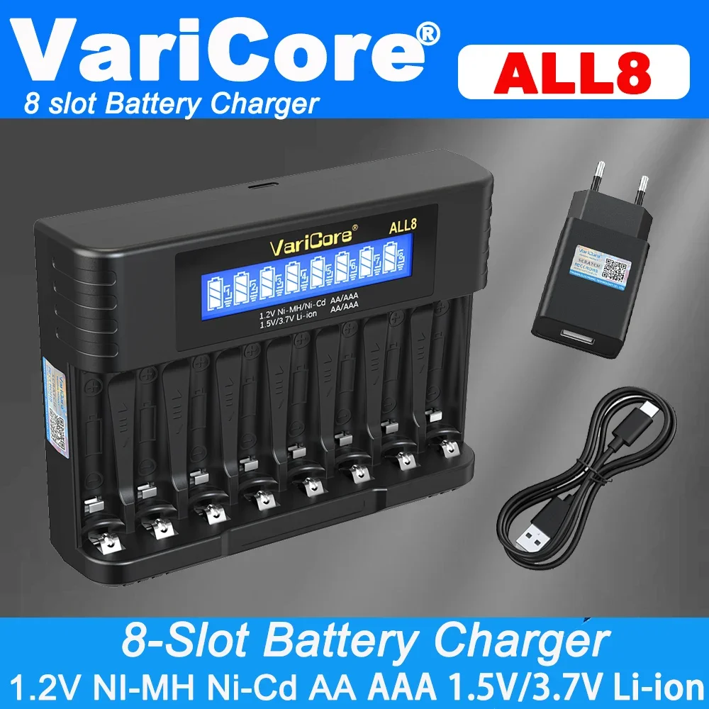 VariCore ALL8 8-Slot شاحن بطارية ذكي ل 1.2V Ni-MH Ni-Cd AA AAA 1.5V/ 3.7V ليثيوم 18650 26650 16340 18350