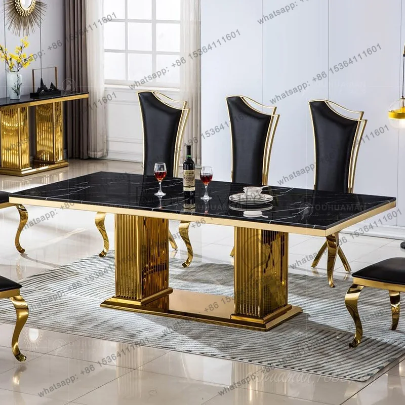 Light luxury rectangular marble dining table living room household stainless steel furniture
