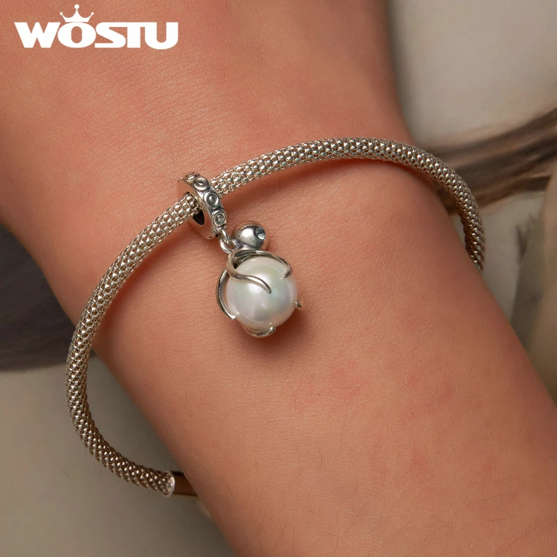 WOSTU 925 Sterling Silver Natural Fresh Pearl Octopus Charms Mermaid Pendants Fit Original Bracelet Necklce DIY Jewelry Making