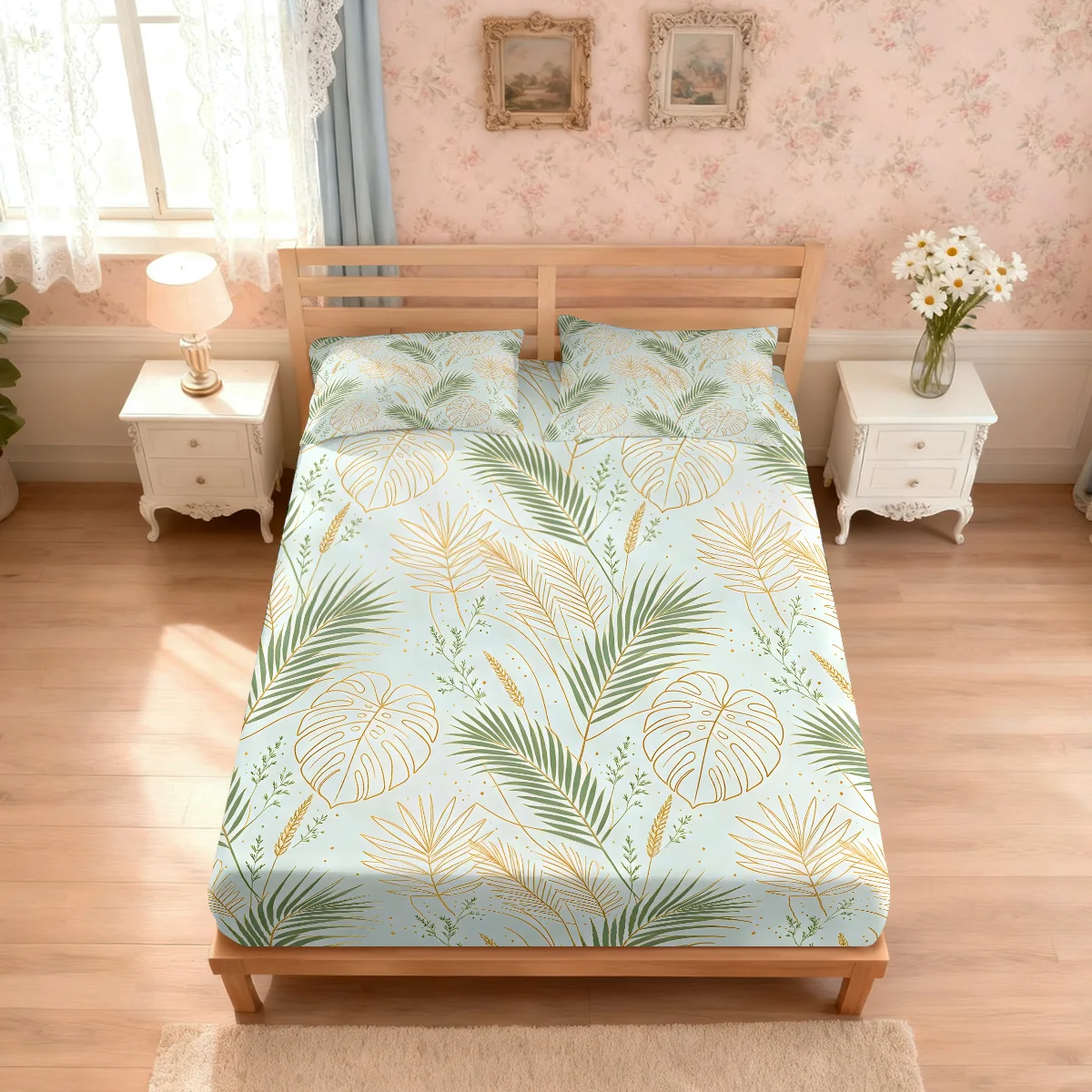 3pcs Palm Leaf Plant Leaf Print Coreless Bed Sheet Set Multiple Sizes Soft Bed Cover Bedroom Bedding Decoration Machine Washable