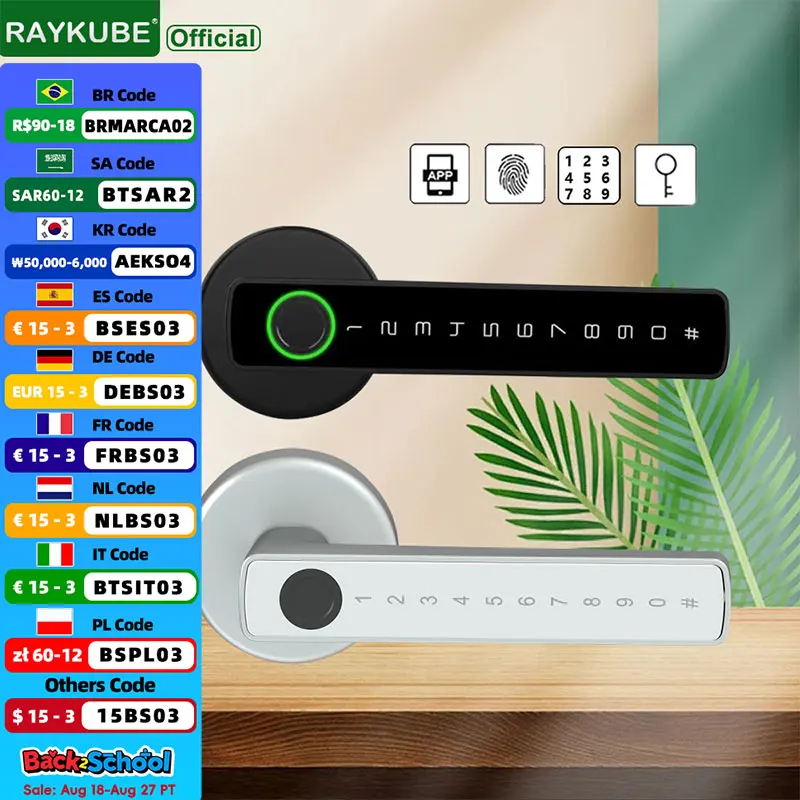 

RAYKUBE M5 TT Lock BLE Умный дверной замок с отпечатком пальца Электронный замок с паролем/ключом/TT Замок Приложение Разблокировка режима прохода для спальни