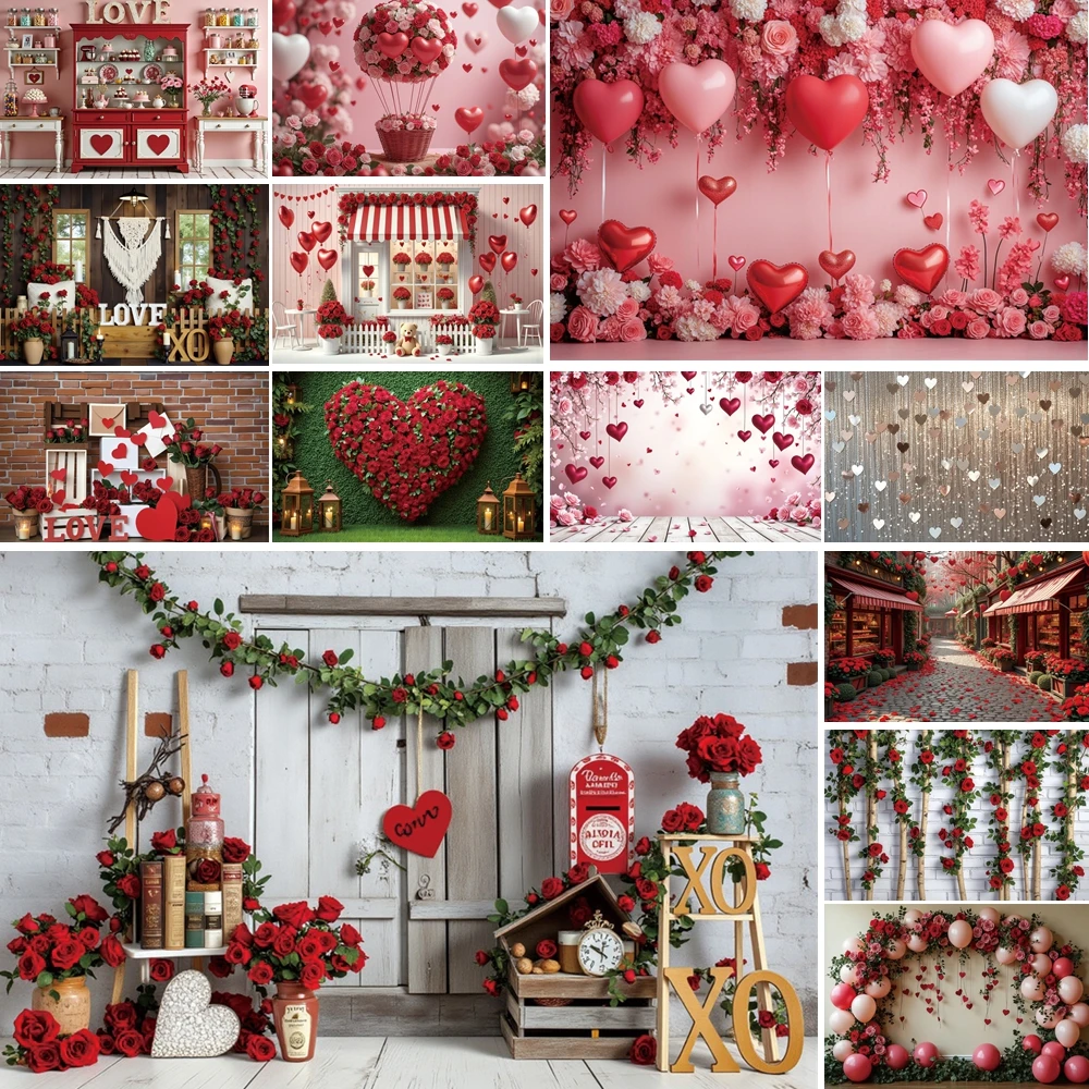 

MOON.QG Valentines February 14 Photo Background Heart Balloon Rose Flower Shop Backdrop Photobooth Studio Portrait Wallpaper