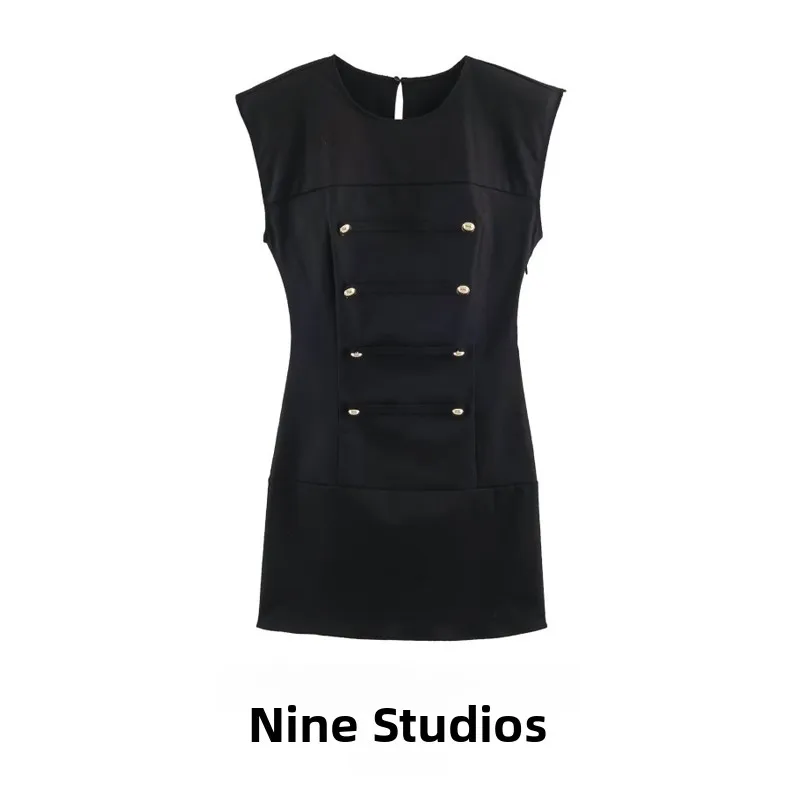 Vestido Corto sin Mangas con Cuello Redondo y Corte Ajustado para Mujer, Marca NINE ZAR, con Decoración de Nudo de Cuerda, Cierre de Doble Botón, Estilo Casual