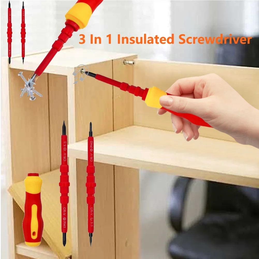 3Pcs/set 3 In 1 Insulated Screwdriver Set PH1/PH2 Multi-Purpose Screwdriver Electricians Slotted Cross Screwdriver Bit Tools Kit