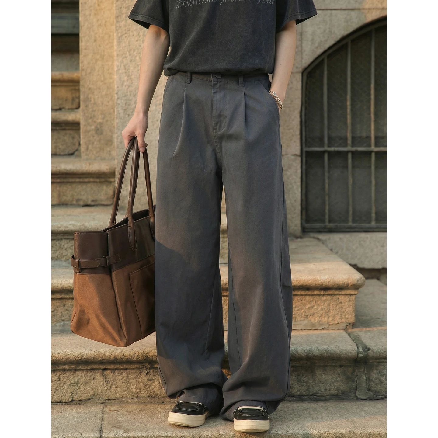 

Мужские повседневные брюки весна-лето с боковыми разрезами, плиссированные, из хлопкового твила, карго, однотонные, базовый стиль, свободные, прямые, длинные