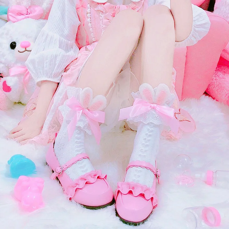 Sweet Lolita Bunny Ears Bow Ruffle Lace Socks Hollow Knit Mid Tube Socks Kawaii Princess Cosplay Cute Women Fashion Socks