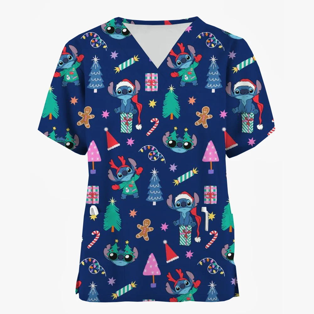 Verpleegstersuniformen Vrouwen Vrolijk Kerstprint Korte Mouw Steek Scrubs Werken Medische Blouse Overalls Uniformen Medische Verpleging