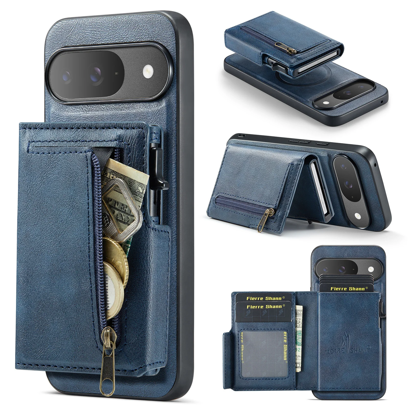 FS-031 2-In-1 Magnetic Detachable Wallet Case Card Slot Zipper Coin Purse Kickstand Phone Cover For Google Pixel 8 9 10 11 ProXL