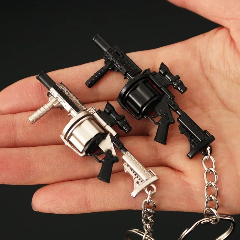 2024 Mini Gun PUBG Keychain 7cm Metal Grenade Launcher Toy Weapon Model Alloy Light Key Chain Bookbag Car Pendant Gifts for Kids