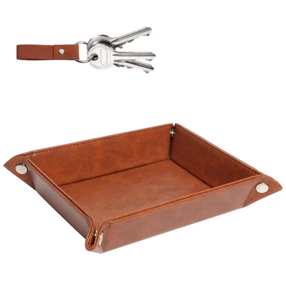 Faux Leather Tray Waterproof Faux Leather Storage Tray with Keychain Desk Organizer for Wallets Watches Tv Remotes Home Office