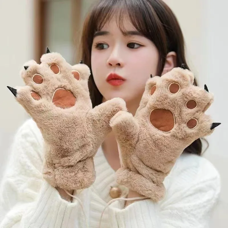 Winter Kids Gloves Cute Cat Claw Paw Children Soft Plush Mittens For Girls Boys Parent-child Velvet Warm Fluffy Bear Gloves