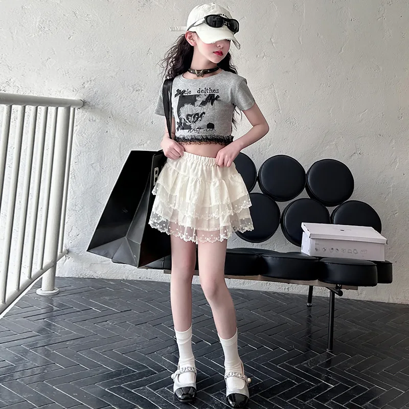 2025 الصيف الأطفال الفتيات الملابس طباعة المراهق 1 قطعة تي شيرت كامل أو الدانتيل قصيرة مطوي الطبقات تنورة 4 8 10 11 12 سنة