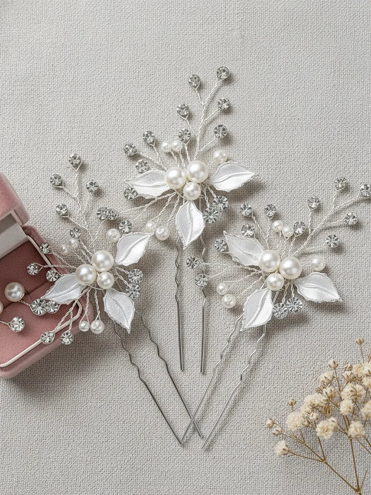 Fairy Style Silver Leaf Bridal Hairpin Romantic White Pearl Wedding Hair Jewelry Sparkly Rhinestone Headpiece for Women Prom