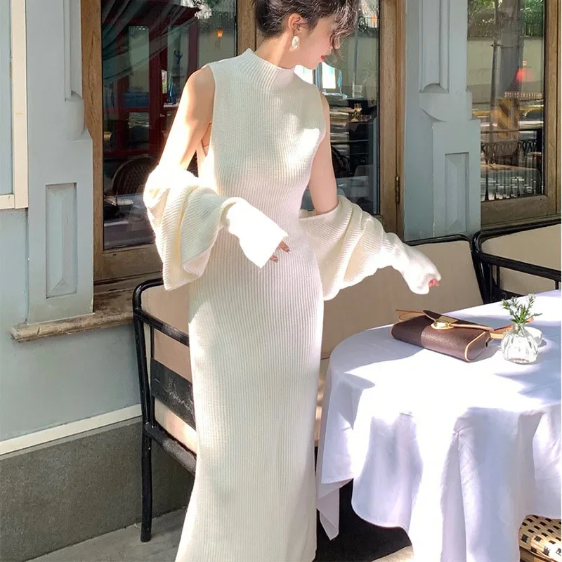 

2025 Soft Knitted Outfit French Style Slim Dresses Sets Women Autumn Winter Fashion Batwing Sleeve Sweater Cardigan+Long Dress
