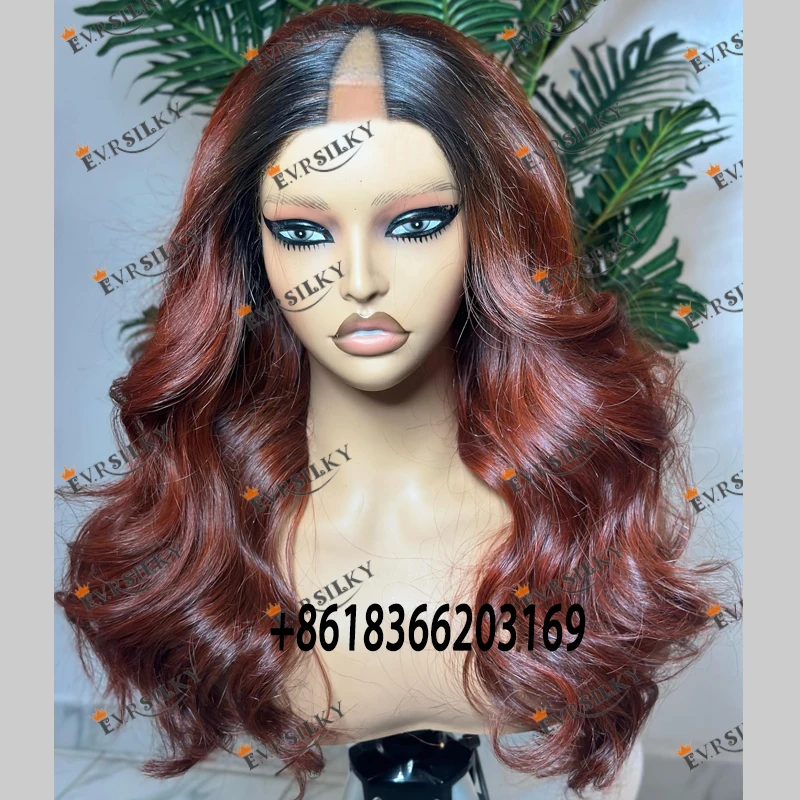 

Brazilian Red Copper Brown Long Wavy Opening V Part Wigs for Black Women Long 28Inches Ombre Dark Roots 1x4 Size U Part Wigs