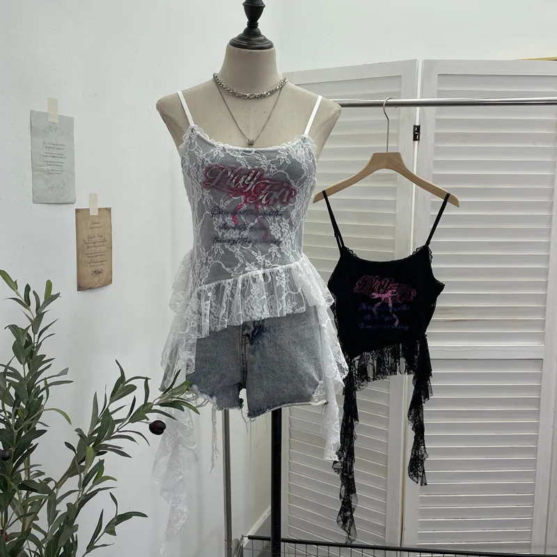High Quality Hot Selling Wholesale 2026 Summer New Women's Fashion Lace Letter Printed Camisole Vest with Ribbon Sleeveless Top