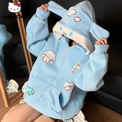 Sanrio Cinnamoroll Blue Zipper Hooded Sweater Sweet Cute Embroided Hoodies Women's Autumn And Winter New Loose Casual Coat Tops