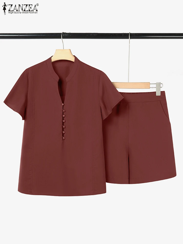 

Летние короткие комплекты ZANZEA, комплект из 2 предметов, женская одежда, блузка с v-образным вырезом и короткими рукавами, короткие костюмы, винтажные однотонные одинаковые комплекты оверсайз