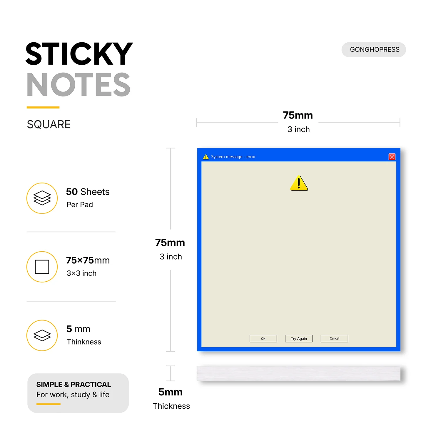 2 Pcs 100 Sheets Total Retro Error Window Sticky Notes, 75x75mm 3x3 Inch, Funny Computer System Message Memo Pads, Self-Adhesive