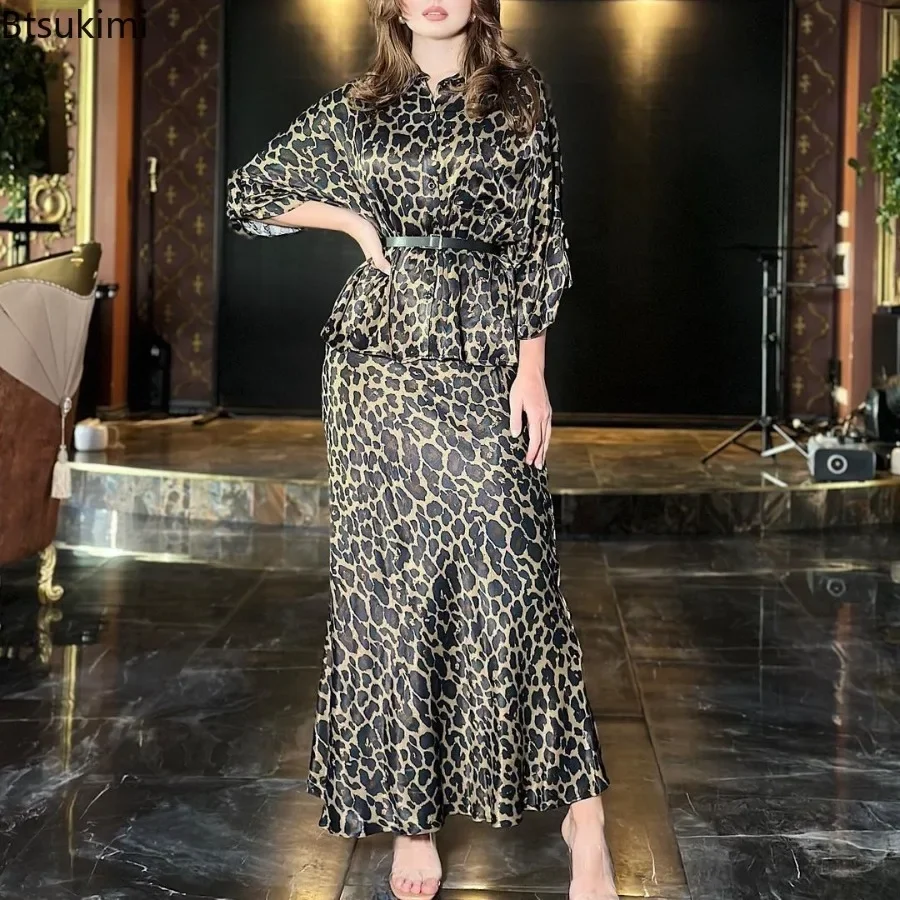 

2025 Fashion Eid Muslim Sets Women Leopard Print Blouse+Skirts 2PCS Elegant Dress Matching Sets Females Sexy Wrap Hip Dress Suit