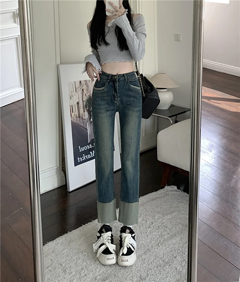 High Waist Bell Bottom Straight Leg Retro Denim Jeans Women's Autumn Winter New Style Splicing Cuffed Slim Fit Dungarees