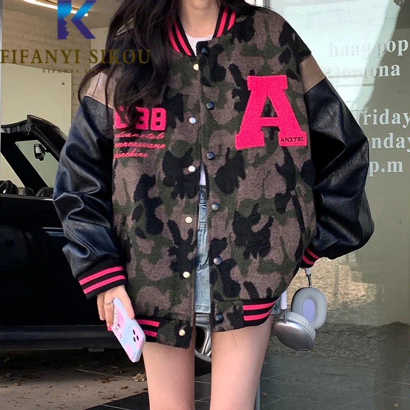 

Streetwear Women Bomber Jacket Letter Embroidery Fashion Camouflage Jackets Coat PU Leather Spliced Loose Harajuku Jacket Female