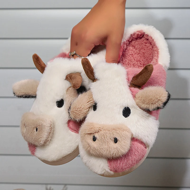 Womens Cute Cartoon Calf Plush Slippers Large Size 44-45 Comfort Lightweight Close Toe Ladies Slippers Indoor Home Warm Slides