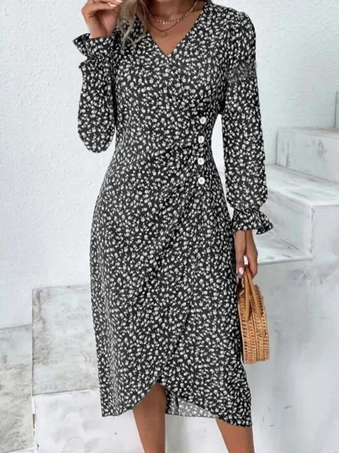 Wiosenna kwiecista obcisła sukienka Midi dla kobiet V Neck z długim rękawem Ruched Slim Fit sukienki kobiece seksowne szlafroki Vestido